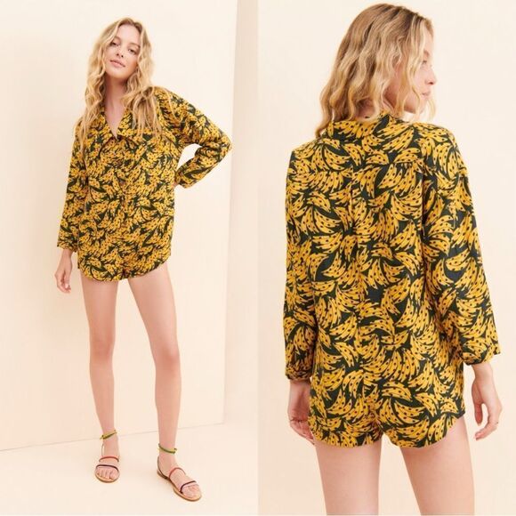 FARM Rio Pants - Farm Rio Linen Yellow Black Romper Spotted Bananas Size M